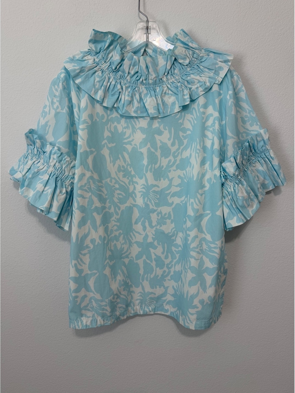 Elizabeth Wilson White/Blue Floral Short Sleeve Ruffled Popover Blouse Size XXL